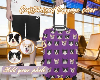 パーソナライズされたペットの写真付き荷物カバー、カスタムフェイス旅行用スーツケースカバー、伸縮性のあるストレッチ荷物プロテクター、家族向けのユニークな旅行ギフト