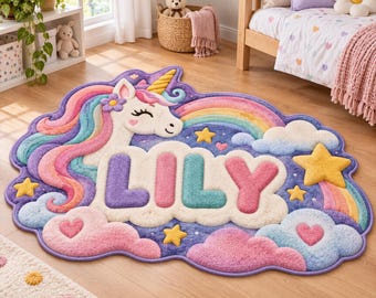 Tapis licorne personnalisé avec prénom pour enfant, tapis de jeu 3D irrégulier personnalisé pour chambre d'enfant, cadeau de Noël pour tout-petit, tapis de décoration pour baby shower et Noël