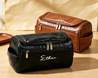 Personalized Embroidered Leather Toiletry Bag | Custom Groomsmen Dopp Kit, Monogram Travel Shaving Bag for Bachelor Party Wedding Favors