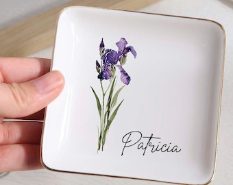 Personalisierte Geburt Blume Schmuckstück Teller, kundenspezifische Aquarell Blumen Ring Schale, Geburtstag Schmuckschale, Hochzeit Brautjungfer Geschenk, Weihnachtsgeschenke