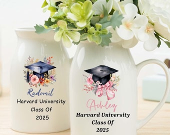 Personalised Graduation Floral Ceramic Vase, Custom Graduation Flower Vase, Class of 2025 Gift, Daughter Grad Gift, College Graduation Gift