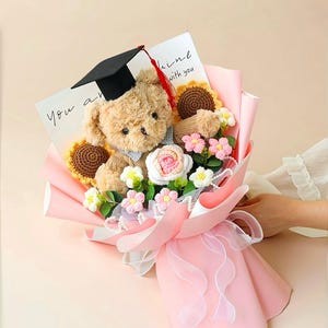 Handmade Crochet Graduation Bouquet with Knitted Graduate Plush,Kids Gift,Sunflowers,UK/US Custom Gift for Graduates,Eternal Floral Keepsake