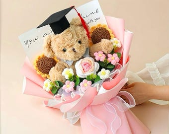 Handmade Crochet Graduation Bouquet with Knitted Graduate Plush,Kids Gift,Sunflowers,UK/US Custom Gift for Graduates,Eternal Floral Keepsake