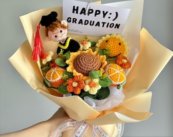 Handmade Crochet Graduation Bouquet with Knitted Graduate Plush,Kids Gift,Sunflowers,UK/US Custom Gift for Graduates,Eternal Floral Keepsake