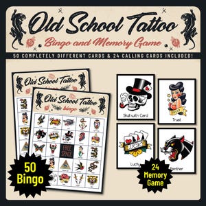 Juego de Bingo y Memoria de Tatuajes de la Vieja Escuela / 50 Cartones de Bingo + 24 Cartones Combinables – Estilo Flash Vintage – PDF Imprimible