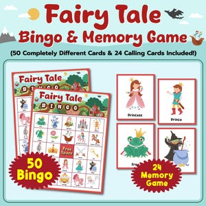 Puede incluir: Un conjunto de 50 tarjetas de bingo y 24 tarjetas de juego de memoria con personajes y objetos de cuentos de hadas. Las tarjetas de bingo tienen un fondo verde con una escena de bosque y las tarjetas de juego de memoria tienen un fondo blanco con ilustraciones coloridas. El texto en las tarjetas dice "Fairy Tale Bingo" y "Fairy Tale Memory Game".