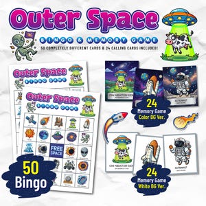Może przedstawiać: Zestaw do gry w bingo i memory o tematyce "Outer Space". Zestaw zawiera 50 kart do bingo i 24 karty do wywoływania. Gra zawiera ilustracje kosmitów, astronautów, rakiet i krów uprowadzonych przez UFO. Tekst "Outer Space" jest wyświetlany dużą, kolorową czcionką.