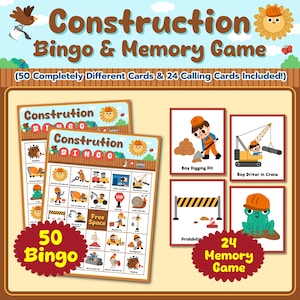 Construction Bingo & Memory Game, 2 in 1 Printable Game, 50 Printable Construction Bingo Cards, Construction Memory Card Game.