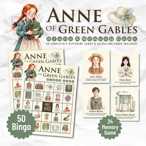 May include: A themed game set featuring the title "Anne of Green Gables". The set includes a bingo game with 50 cards and a memory game with 24 cards. The design incorporates illustrations of characters and elements from the classic novel.