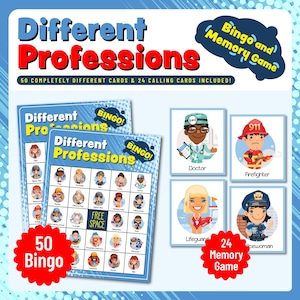 May include: A colorful educational game set titled "Different Professions." The set includes bingo cards and memory game cards featuring illustrations of various professions. The image shows the game's title, cards, and the number of cards included.
