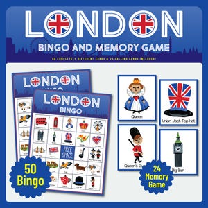 May include: A London-themed bingo and memory game set. The game features cards with illustrations of London landmarks and icons, including the Queen, Big Ben, and a Union Jack top hat. The set includes 50 bingo cards and 24 memory game cards.