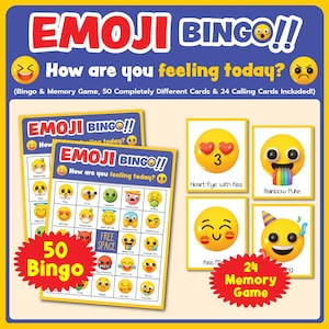 Emoji Bingo i gra pamięciowa – zabawna aktywność do wydrukowania dla dzieci | 50 wyjątkowych kart bingo + 24 karty pamięci Emoji