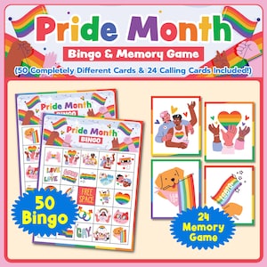 Bingo e jogo da memória do mês do orgulho, jogo para impressão 2 em 1, 50 cartões de bingo para impressão do mês do orgulho, jogo de cartas LGBTQ+, jogo de cartas da memória LGBTQ+.