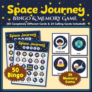 Juego de bingo y memoria Space Journey, juego imprimible 2 en 1, 50 tarjetas de bingo Space Journey imprimibles, juego de cartas Space Journey, juego de cartas de memoria.