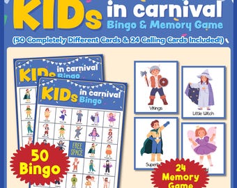 May include: A set of 50 bingo cards and 24 memory game cards featuring kids dressed in various costumes. The cards are colorful and feature illustrations of children dressed as a viking, a witch, a superhero, a fairy, and other characters. The text on the cards reads "Kids in Carnival Bingo" and "Kids in Carnival Memory Game".