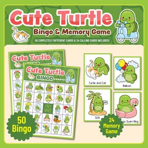 Bingo e Jogo da Memória da Tartaruga Bonita – Atividade para Imprimir para Crianças | 50 Cartões de Bingo Exclusivos + 24 Cartões de Memória