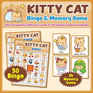 May include: A children's game set featuring a "KITTY CAT" theme. The set includes bingo cards and memory game cards with cute cat illustrations. The bingo cards have a "50 Bingo" label, and the memory game cards have a "24 Memory Game" label.