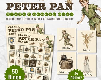 Juego de bingo vintage de Peter Pan imprimible. Estilo clásico. Juego de 50 cartones únicos + actividad de memoria. Juego de fiesta de Nunca Jamás para niños.