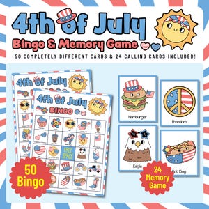 Jogo de Bingo e Memória para o 4 de Julho – Imprimível para crianças – 50 Cartões de Bingo + 24 Cartões de Visita – Atividade Divertida para a Família em PDF