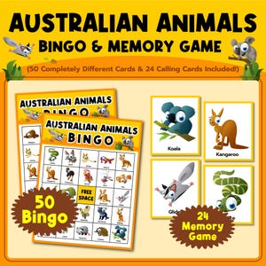 Juego de bingo y memoria de animales australianos, juego imprimible 2 en 1, 50 tarjetas de bingo de animales australianos imprimibles, juego de cartas, juego de cartas de memoria.