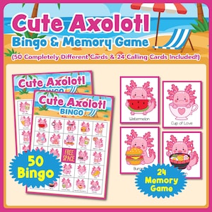 Leuke afdrukbare Axolotl-bingogame | Axolotl-feestspel voor kinderen | Direct downloaden | Oceaan verjaardagsfeestje activiteit | Axolotl-verjaardagsspel