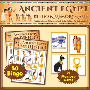 Altes Ägypten Bingo & Memory-Spiel, 2 in 1 druckbares Spiel, 50 druckbares Ägypten Bingokarten, Ägypten Kartenspiel, Ägypten Memory Kartenspiel.