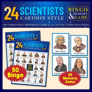 24 wetenschappers bingo- en memoryspel in tekenfilmstijl, 2-in-1 afdrukbaar spel, 50 afdrukbare wetenschappersbingokaarten, kaartspel, geheugenkaartspel.