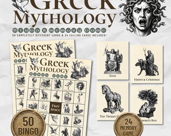 Jeu de bingo et de mémoire de la mythologie grecque | La Grèce antique à imprimer | 50 cartes uniques | Activité en classe pour professeur d'histoire | Style artistique vintage