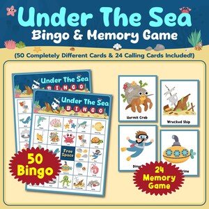 Juego de bingo y memoria bajo el mar, juego imprimible 2 en 1, 50 tarjetas de bingo imprimibles bajo el mar, juego de cartas bajo el mar, juego de cartas de memoria.