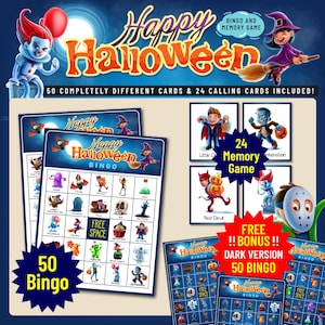 Bingo- en geheugenspel vrolijk Halloween | 50 leuke kaarten + 24 bijpassende kaarten + donkere versiebonus | Griezelige printbare partygame