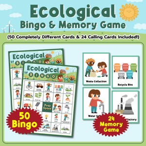 Ecologisch bingo- en memoryspel, 2-in-1 afdrukbaar spel, 50 afdrukbare ecologische bingokaarten, ecologisch kaartspel, geheugenkaartspel.