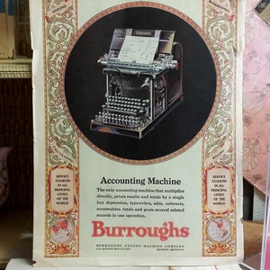 Vintage Advertisement Burroughs Accounting Machine for Bookkeeping 30&#39;s Advertising Ephemera Office b/w The Language Phone Method Ad