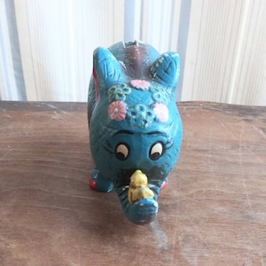 Vintage Bank Blue Plaster Elephant w/ Yellow Bird on Upturned Trunk Pink Ears & Flower Ring National Potteries Japan 60&#39;s Mid Century Decor