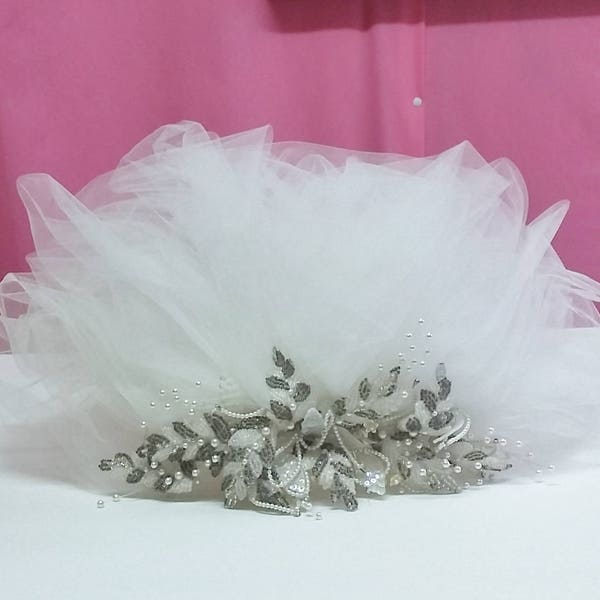 vintage Wedding Headpiece Pouf Veil Incrusted w Pearls, Sequins, Rhinestones & Beads 80's 90's Fashion White Tulle w Comb Fancy Leaves