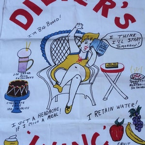 Toalha de dieta vintage, prato de dieta boba ou toalha de chá, calorias, junk food, começarei amanhã, meados do século, cozinha, comida, toalha de dieta