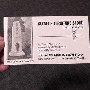 Cartão comercial de publicidade vintage, móveis efêmeros e marcador de cemitério, cartão de propaganda Rock of Ages Monumento interior Spokane Washington