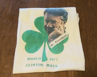 Vintage 1977 Jimmy Carter Campaign Ringer Tee: Clinton MA, Shamrock Graphic