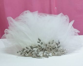 Vintage Wedding Headpiece Pouf Veil Encrusted w Pearls, Sequins, Rhinestones & Beads 80's 90's Fashion White Tulle w Comb Fancy Leaves