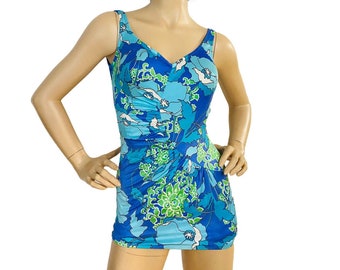 Vintage Rose Marie Reid Swimsuit, Blue Floral Bombshell Style