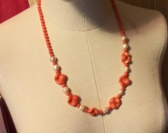 Vintage Orange Glass Bead Necklace, 50s-60s Fashion Jewelry
