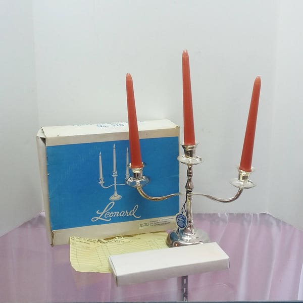 Vintage Candelabra Leonard Silver plated 3 Lite Candleholder with Candles, Original Aqua Box, & Receipt 70's Home Decor or Wedding Gift