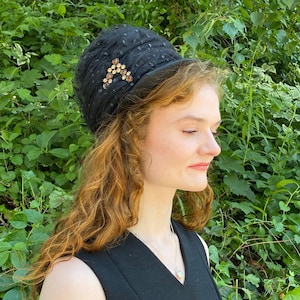 Vintage 60s Black Net Cloche Hat with Rhinestone Pin Polka Dot Netting Satin Brim Net Overlay Bucket Hat