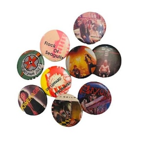 Vintage 80s 1.25 inch Button Pins sold separately Pinback Buttons 1980s Early 80s Album Cover Pins Rock Heavy Metal ACDC Saxon The Clash image 1