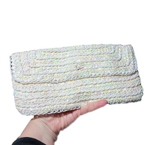 Vintage White Beaded & Sequined Clutch Bag by Debbie Hong Kong 50&#39;s 60&#39;s Mid Century Fashion Purse Fringe Beads Fancy Dress or Wedding
