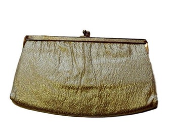 Metallic Gold Lame Handbag Purse Clutch Mid Century Fashion Accessory 60's Evening Bag Pumpkin Lining