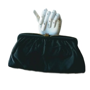 Vintage Purse Black Satiny Garay Clutch w Back Carry Strap Gold Clasp Clear Vinyl Inner Partition  50&#39;s 60&#39;s Mid Century Fashion Evening Bag