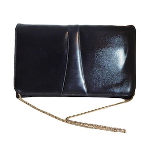 Vintage Purse Black Clutch or Cross Body w Gold Chain 60&#39;s 70&#39;s Fashion Handbag Lined Fabric Pocket Vegan Faux Leather but Looks Real