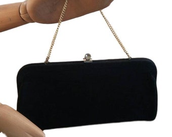 Vintage Purse Black Evening Clutch or Use Gold Chain to Carry 50's 60's Mid Century Fashion Handbag Structured Soft Fabric w Spotlight Clasp