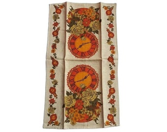 Paño de cocina vintage con reloj naranja, mantelería de cocina floral, decoración de los años 60-70