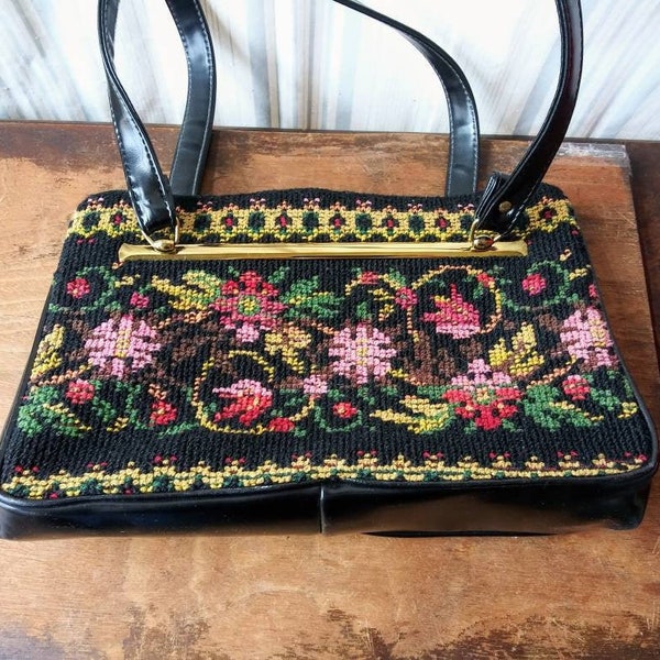 Vintage Needlepoint Tapestry Purse Black w Pink Red Floral Design 60's Fashion Carpet Handbag Roomy